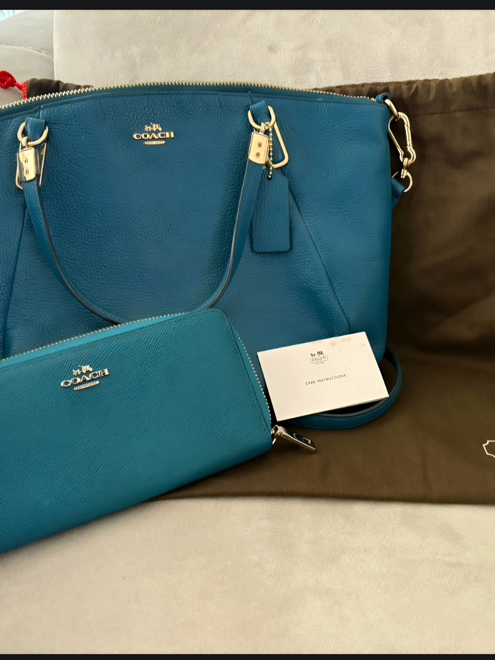 COACH Teal Leather Shoulder Tote with Matching Zip Wallet